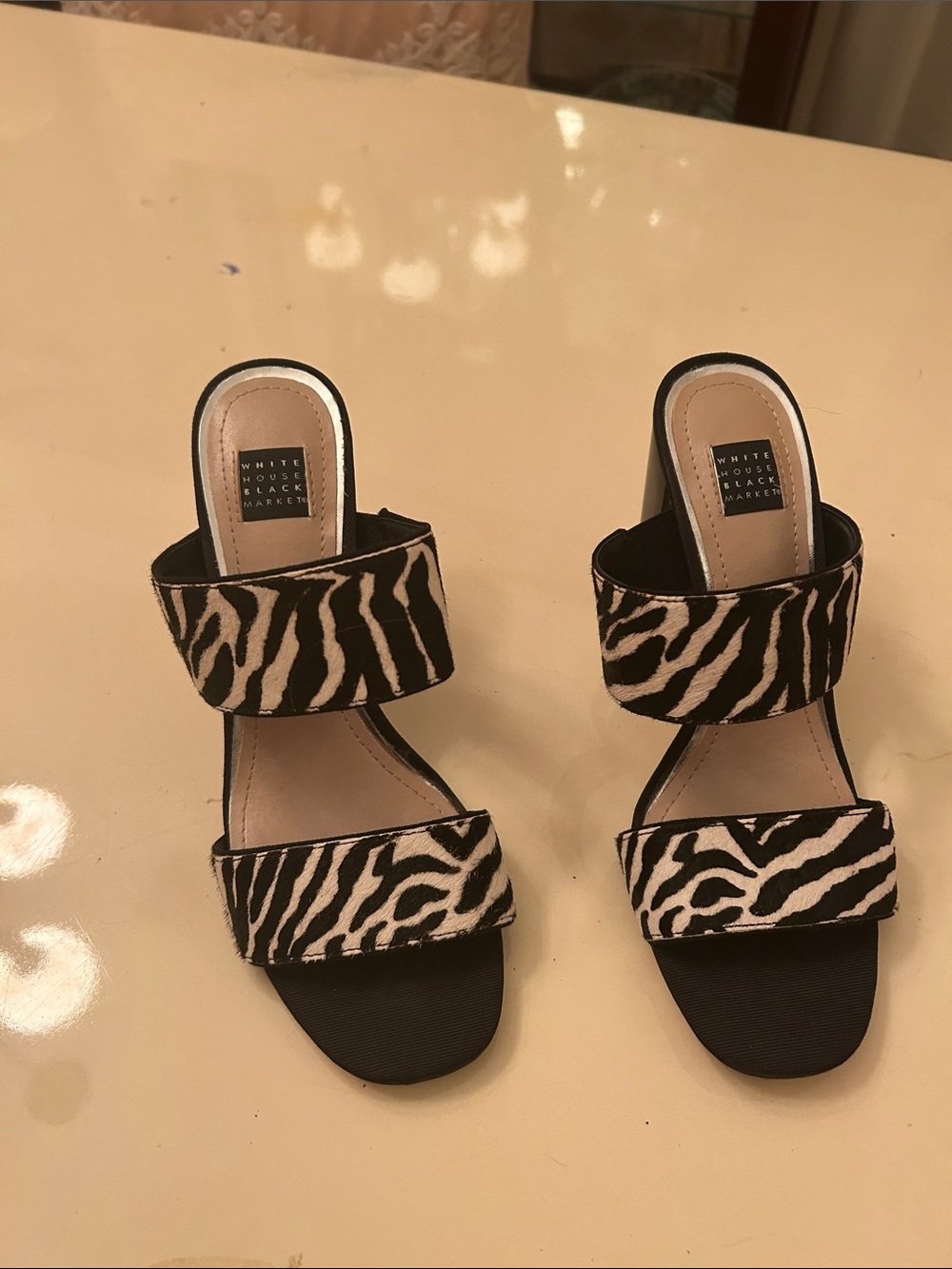 White House Black Market Black and White Zebra-Print Slide Heels
